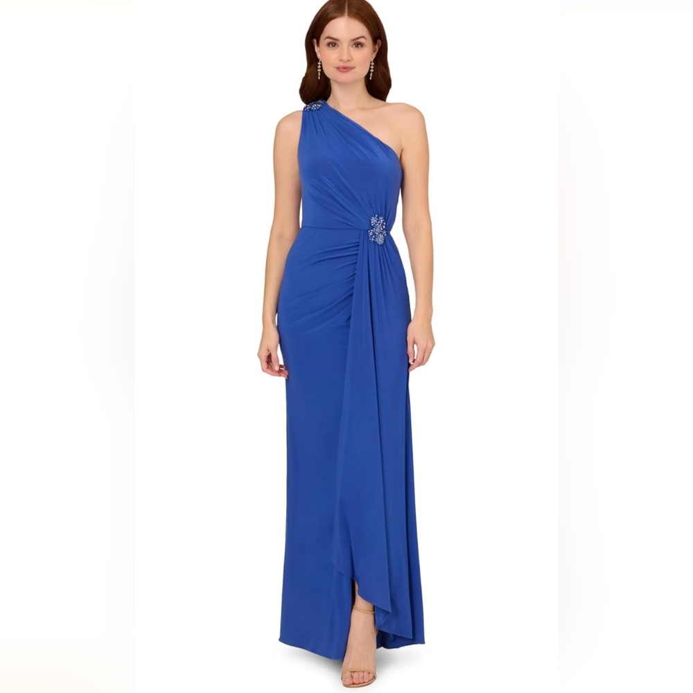 Adrianna Papell One Shoulder Blue Jersey Evening Gown Size 16 NWT